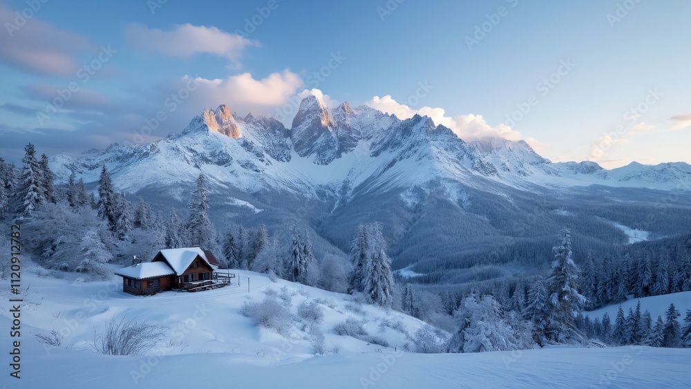 Fototapeta premium Serene Winter Cabin in Snow-Covered Mountain Range Landscape