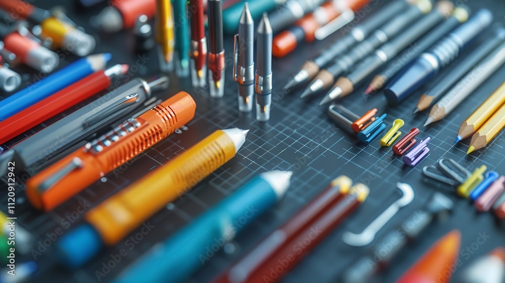 Stationery for school or office. Various writing instrument on a black table, Ai Generative. Stationery for school or office. Various writing instrument on a black table, Ai Generative.