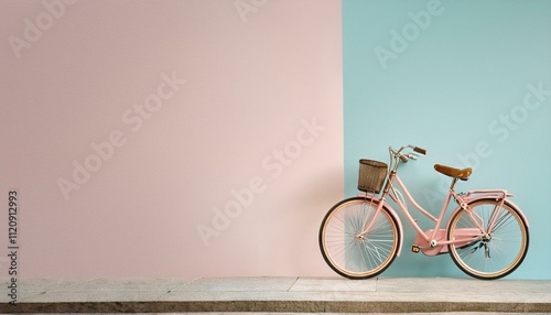 A classic bicycle leaning against a pastel-painted wall, with most of the space left intenti photo