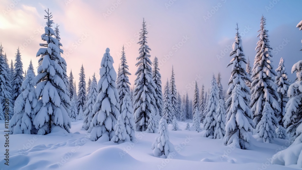 Enchanted Snow-Covered Spruce Forest, Serene Winter Wonderland Landscape at Dusk Enchanted Snow-Covered Spruce Forest, Serene Winter Wonderland Landscape at Dusk