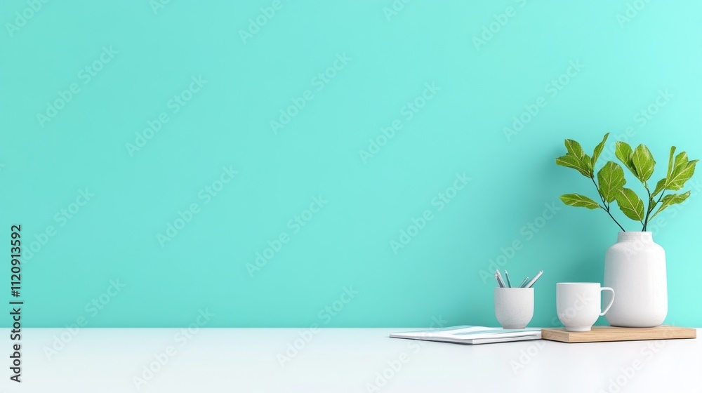 Minimalist workspace with plants and stationery on a table. Minimalist workspace with plants and stationery on a table.