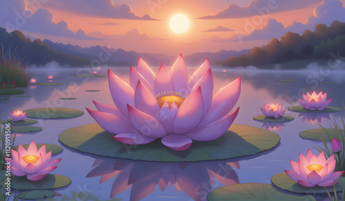 A serene sunset over a tranquil lake adorned with blooming pink lotus flowers on floating green leaves, reflecting calm beauty.