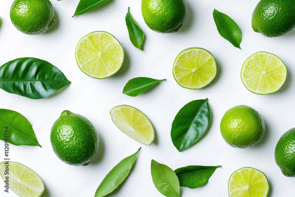 Whole limes, lime wedges, and green leaves are scattered on a white background Whole limes, lime wedges, and green leaves are scattered on a white background