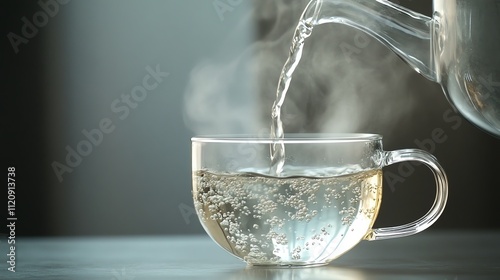 Hot water being poured into a glass cup, creating steam.