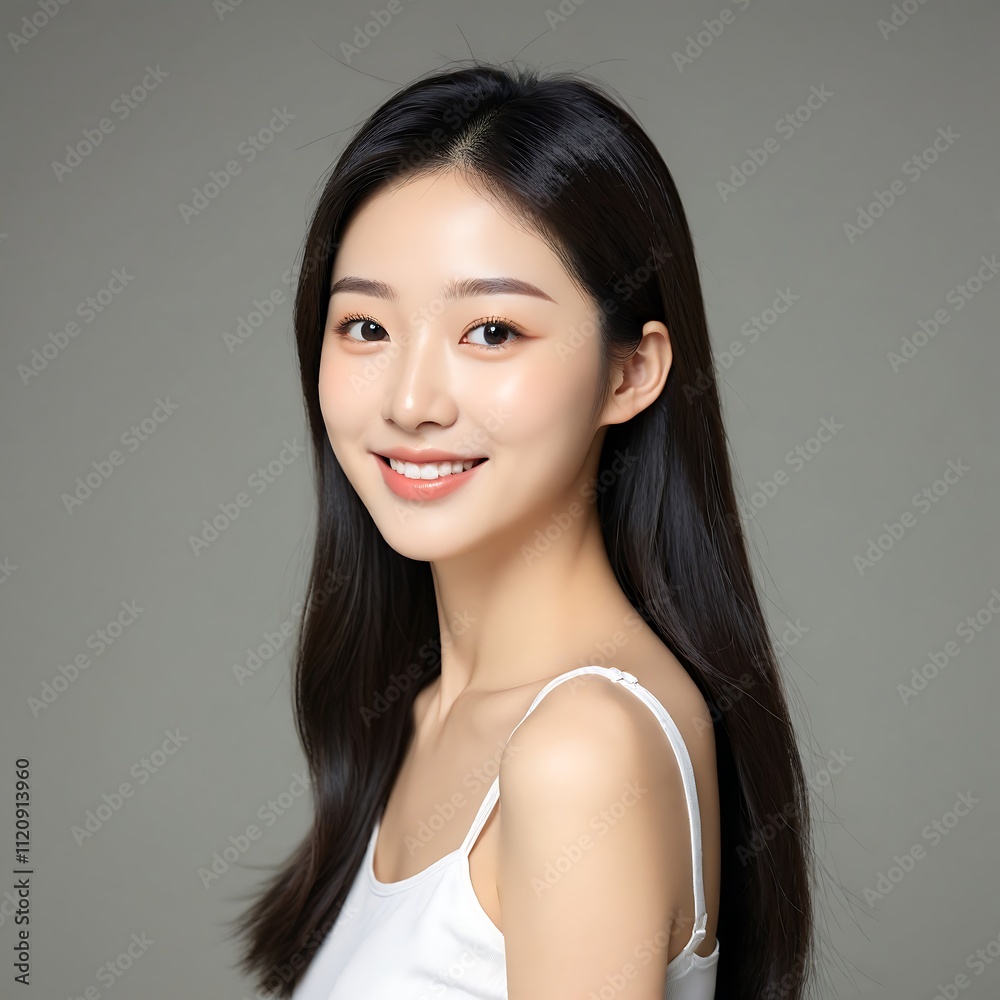 A young Korean woman in her 20s, smiling while promoting skincare. She faces forward with glowing, hydrated, and healthy skin, and her shoulder-length hair slightly in front, exuding confidence. A young Korean woman in her 20s, smiling while promoting skincare. She faces forward with glowing, hydrated, and healthy skin, and her shoulder-length hair slightly in front, exuding confidence.