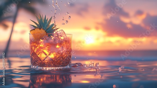 Refreshing cocktail with pineapple at sunset by the beach. photo