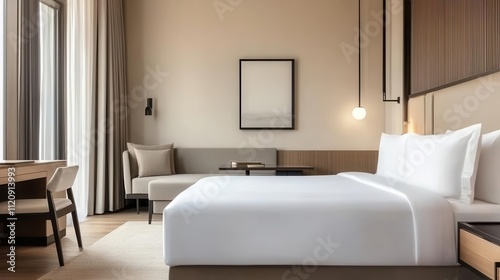 Minimalist deluxe room with neutral colors, sleek furnishings, and warm lighting, minimalist deluxe room, elegant, calm