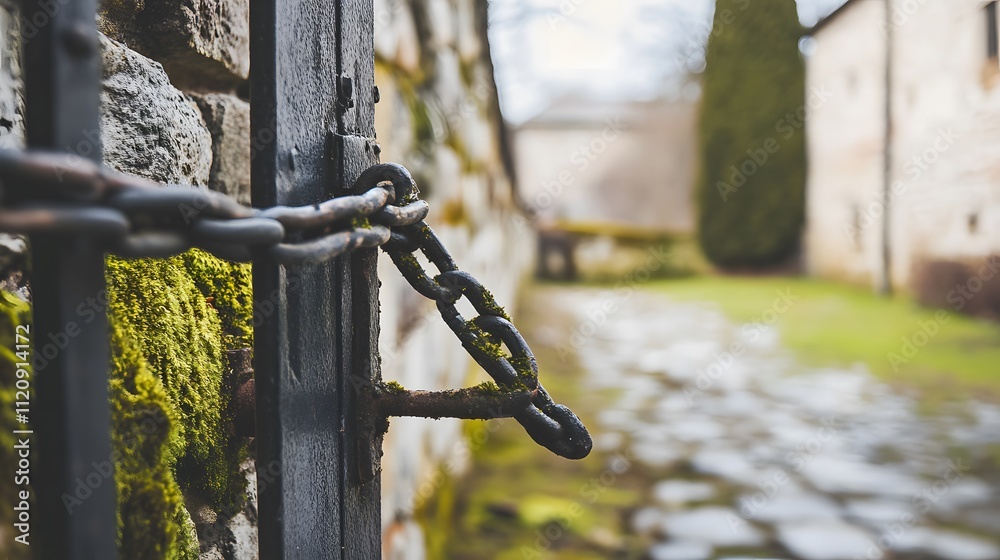 Closed factory gate with chain and padlock, symbolizing the end of an era and the transition to new beginnings. Industrial decline and the shift towards modernization and renewal. Closed factory gate with chain and padlock, symbolizing the end of an era and the transition to new beginnings. Industrial decline and the shift towards modernization and renewal.