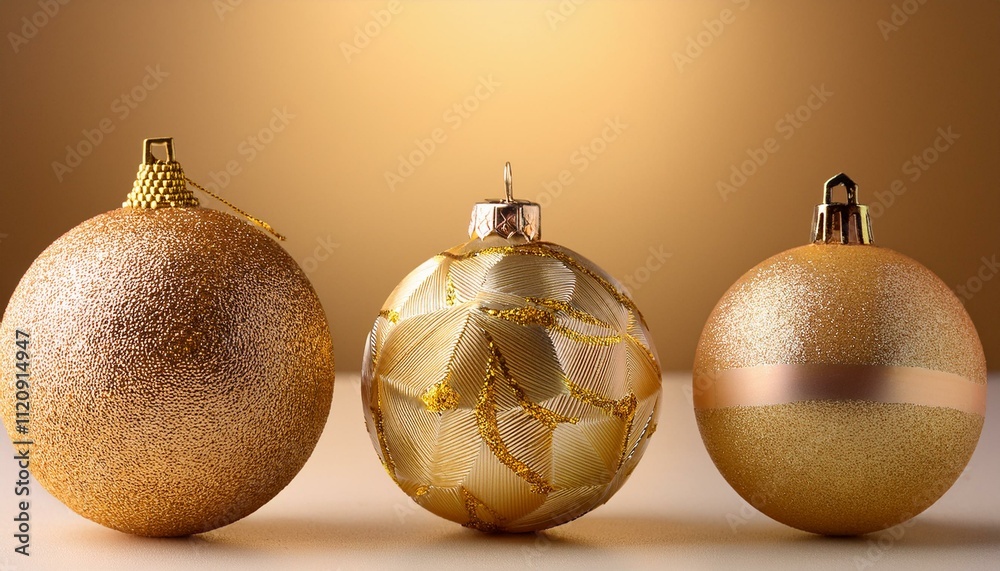 Three golden Christmas balls of varying sizes, each with unique textured patterns, neatly ar Three golden Christmas balls of varying sizes, each with unique textured patterns, neatly ar