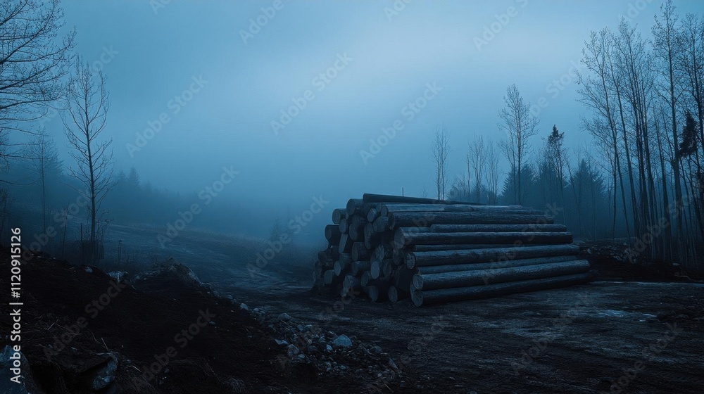 Misty forest scene with stacked logs and bare trees in the background. Misty forest scene with stacked logs and bare trees in the background.