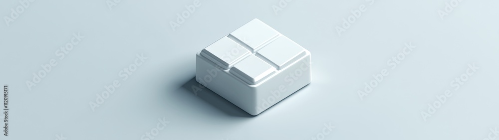 Abstract white cube with four sections on light blue background.