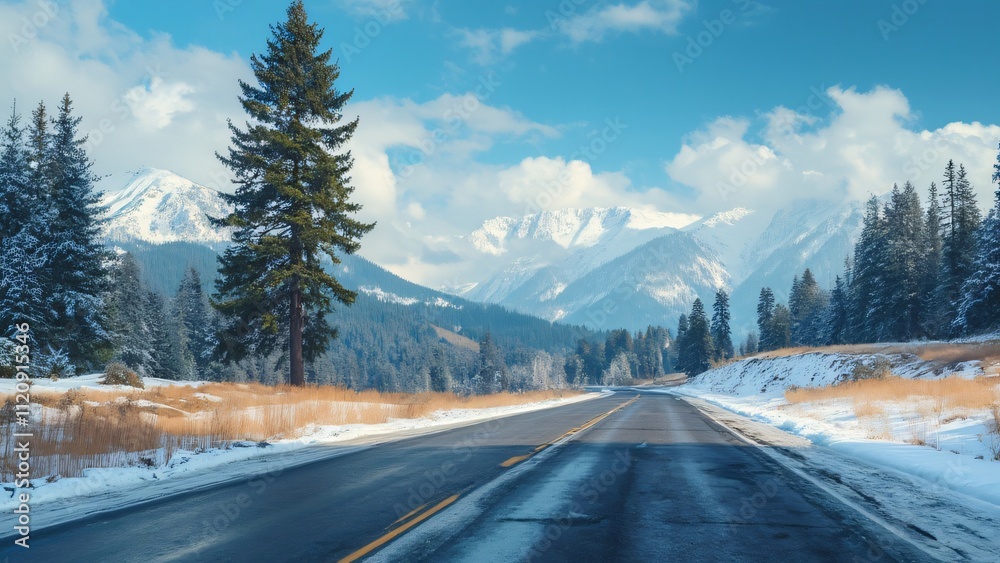 Stunning Pacific Northwest Winter, Scenic Highway, Snow-Covered Mountains, and Majestic Pine Tree Stunning Pacific Northwest Winter, Scenic Highway, Snow-Covered Mountains, and Majestic Pine Tree
