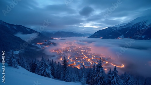 Enchanted Winter Town, Zell am See's Twilight Glow from Snowy Hills, Long Exposure Photography photo