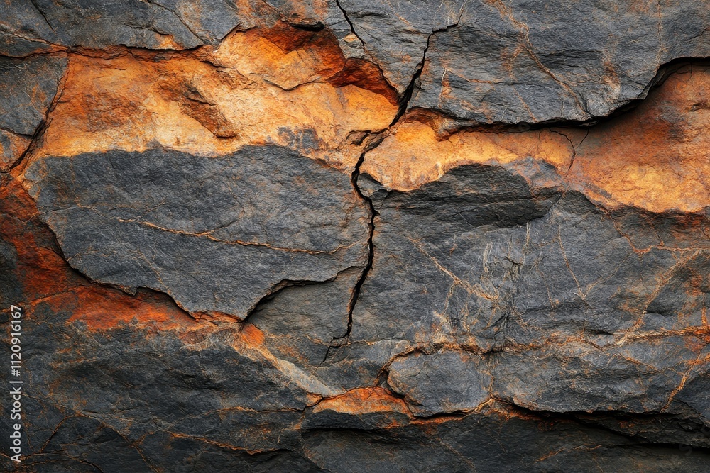 Dark gray rock face with orange accents, deeply textured. Ideal for backgrounds, textures, and geological projects. Dark gray rock face with orange accents, deeply textured. Ideal for backgrounds, textures, and geological projects.