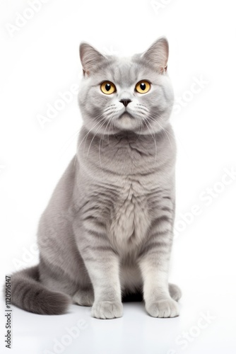 A cat sitting on white background looking at the camera.