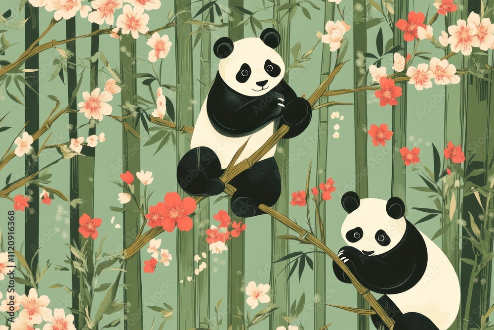 Two Pandas Amidst Bamboo And Blossoms Two Pandas Amidst Bamboo And Blossoms