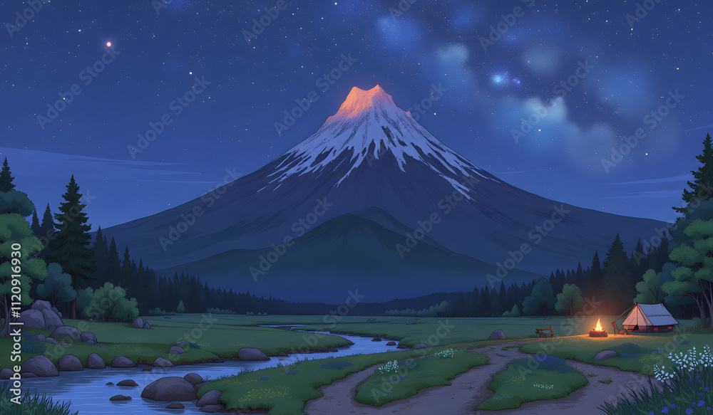 Fototapeta premium A majestic mountain peak dominates the night sky, illuminated by the Milky Way and the warm glow of a campfire at a peaceful campsite.