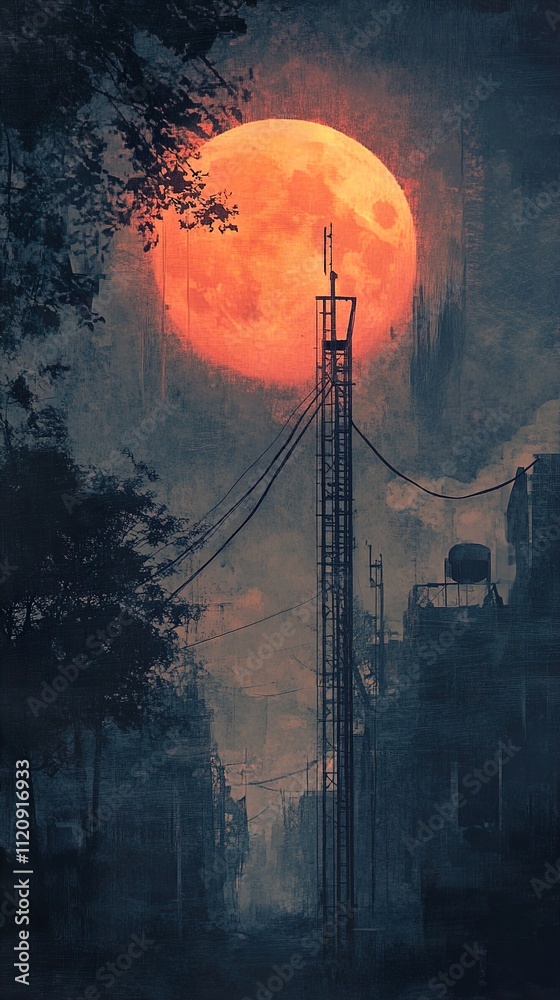 Fototapeta premium Red Moon over Cityscape: A Dark, Dreamlike Urban Landscape