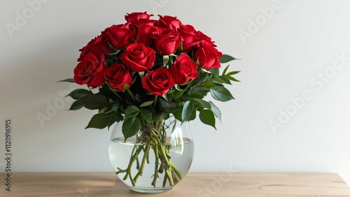Wallpaper Mural Stunning Bouquet of Red Roses in a Glass Vase on Wooden Table - High-Resolution Photo Torontodigital.ca