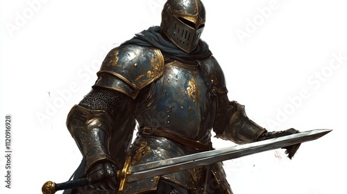 A Majestic Medieval Knight in Full Armor wielding a Long Sword against a White Background photo