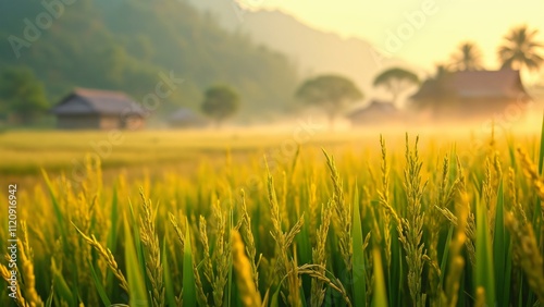 Golden Rice Paddy Fields at Sunrise, Macro View of Dew-Kissed Rice Leaves with Misty Village Background