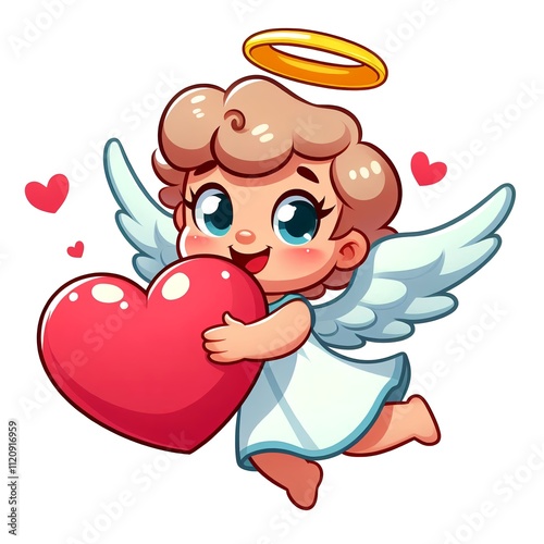 Cute cartoon angel in love with a heart in his hands. Clipart, cartoon mascot for Valentine's Day. AI generated.