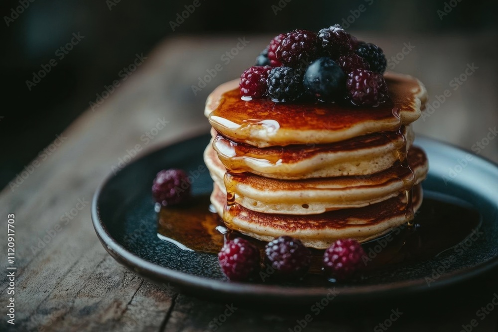 A stack of pancakes topped with berries and syrup on a wooden table. A stack of pancakes topped with berries and syrup on a wooden table.
