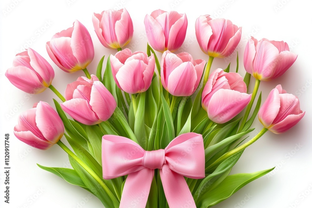 A vibrant bouquet of pink tulips tied with a decorative bow, symbolizing beauty and affection. A vibrant bouquet of pink tulips tied with a decorative bow, symbolizing beauty and affection.