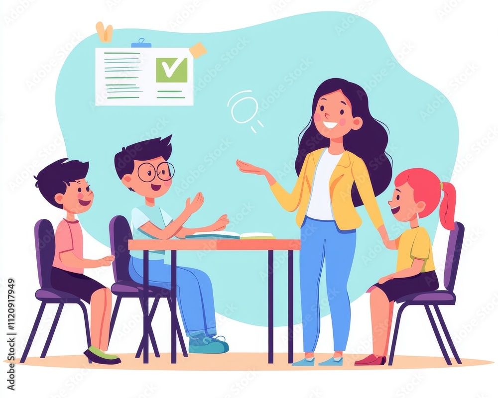 Obraz premium A young female teacher engages with four diverse students in a vibrant classroom setting, fostering learning and interaction.