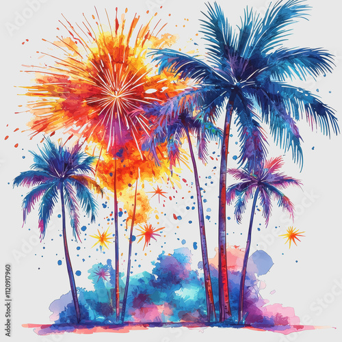 Colorful watercolor illustration of palm trees with vibrant explosions of fireworks in a tropical paradise setting, perfect for summer celebrations and vacation themes photo