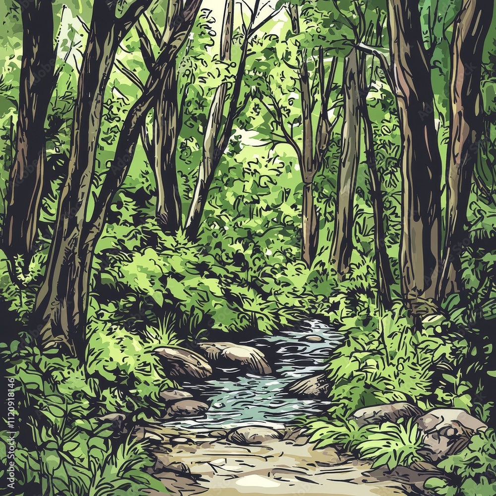 Obraz premium A serene forest scene featuring lush greenery and a gentle stream, evoking tranquility and natural beauty.