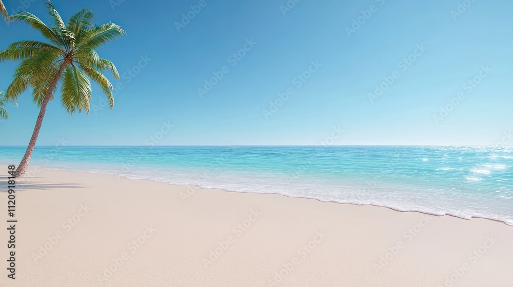 Obraz premium Serene beach scene with palm trees and calm turquoise waters.