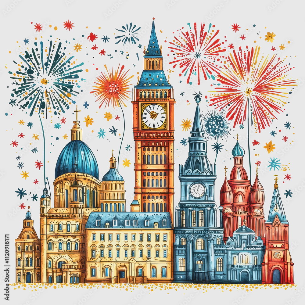 Fototapeta premium Colorful Festive Cityscape with Famous Architecture and Fireworks Celebration Night Illustration