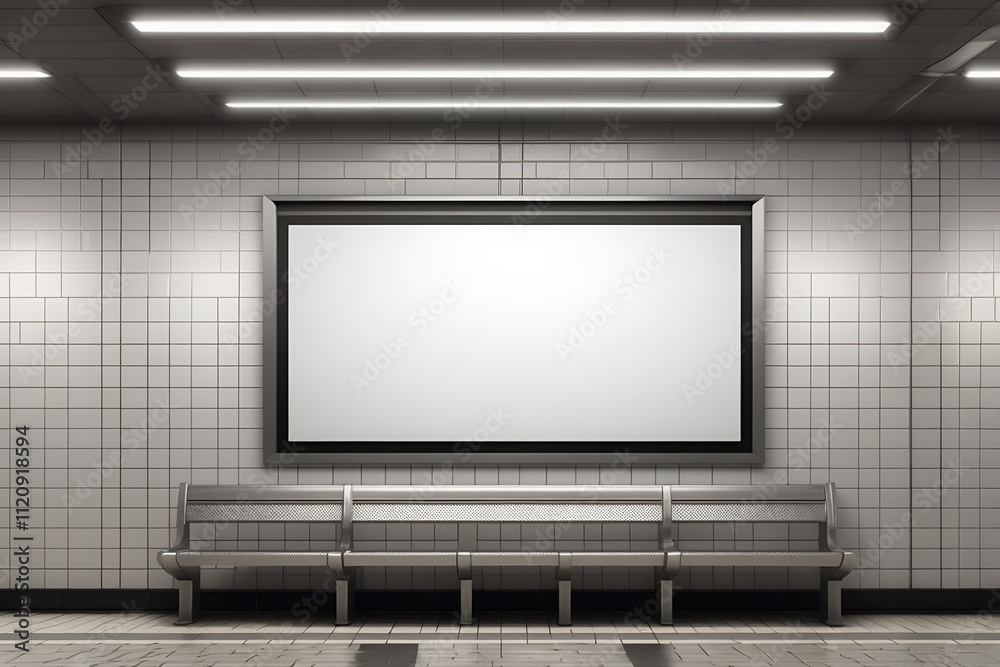 Large Horizontal Blank Poster on the Wall of an Underground Subway Station, Mockup Large Horizontal Blank Poster on the Wall of an Underground Subway Station, Mockup