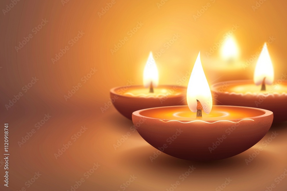 Three beautifully lit oil lamps glow warmly against a soft orange backdrop, creating a serene ambiance. Three beautifully lit oil lamps glow warmly against a soft orange backdrop, creating a serene ambiance.