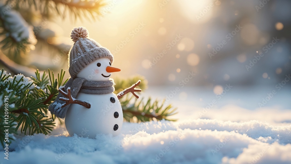 Obraz premium Adorable Tiny Snowman Figurine in Snowy Winter Wonderland Scene