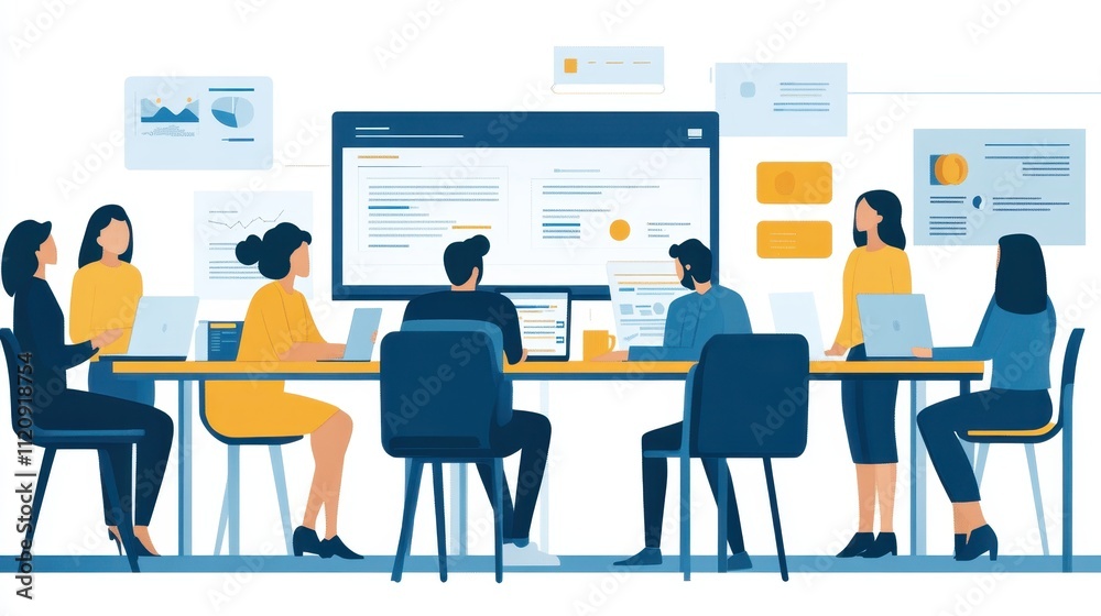 Team brainstorming around a large screen displaying data charts and graphs. Illustrates collaborative work and data analysis in a modern office setting. Team brainstorming around a large screen displaying data charts and graphs. Illustrates collaborative work and data analysis in a modern office setting.