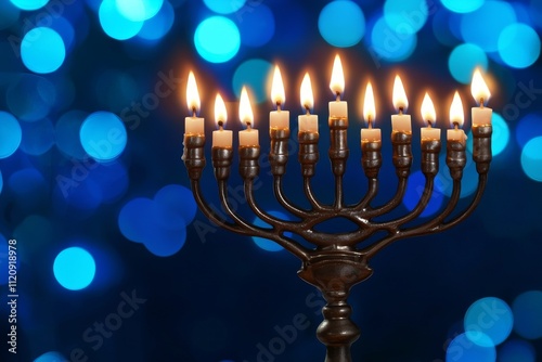 Beautifully lit menorah with nine flames against a sparkling blue bokeh background. photo