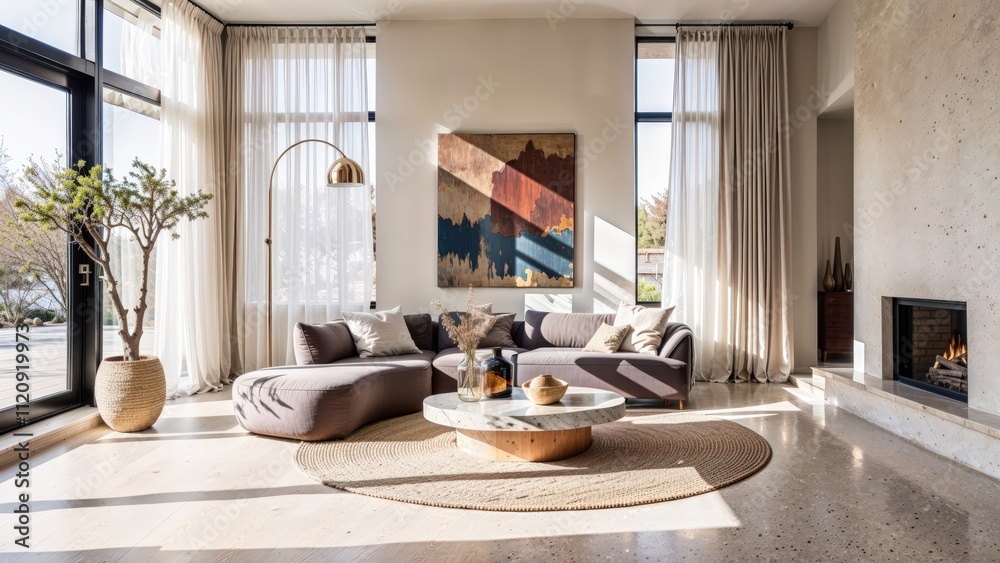 Generative AI, Sunlit modern living room with terrazzo flooring, crescent-shaped sofa, and organic textures, emphasizing natural light and minimalist elegance Generative AI, Sunlit modern living room with terrazzo flooring, crescent-shaped sofa, and organic textures, emphasizing natural light and minimalist elegance