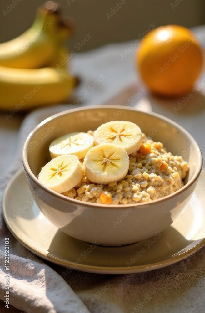 A warm bowl of oatmeal garnished with banana slices sits on a table beside fresh bananas and an orange A warm bowl of oatmeal garnished with banana slices sits on a table beside fresh bananas and an orange