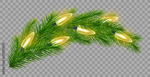 Christmas garland on realistic lush green fir branches on transparent background. For seasonal Christmas, New Year designs, holiday event, greeting cards, banners, posters. Vector illustration