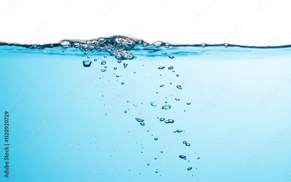 Air Bubbles Float Up Under Water. Water Splashing. Water Wave. Oxygen Relaxation. Blue Water Textured on White Background. Air Bubbles Float Up Under Water. Water Splashing. Water Wave. Oxygen Relaxation. Blue Water Textured on White Background.