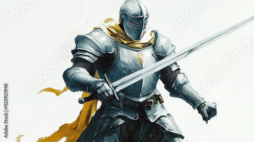A Majestic Medieval Knight in Full Armor wielding a Long Sword against a White Background