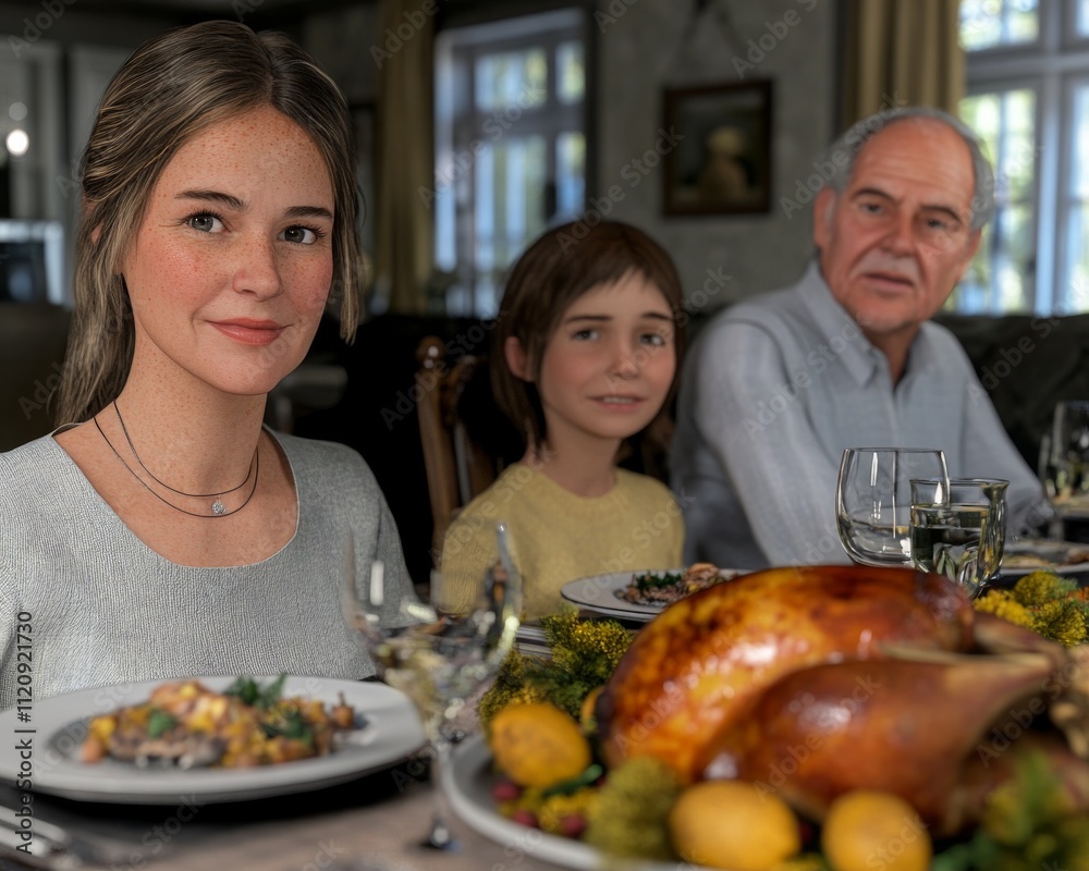 A woman and child showcase warm smiles during a festive family dinner with an elderly man and a beautifully roasted turkey. A woman and child showcase warm smiles during a festive family dinner with an elderly man and a beautifully roasted turkey.