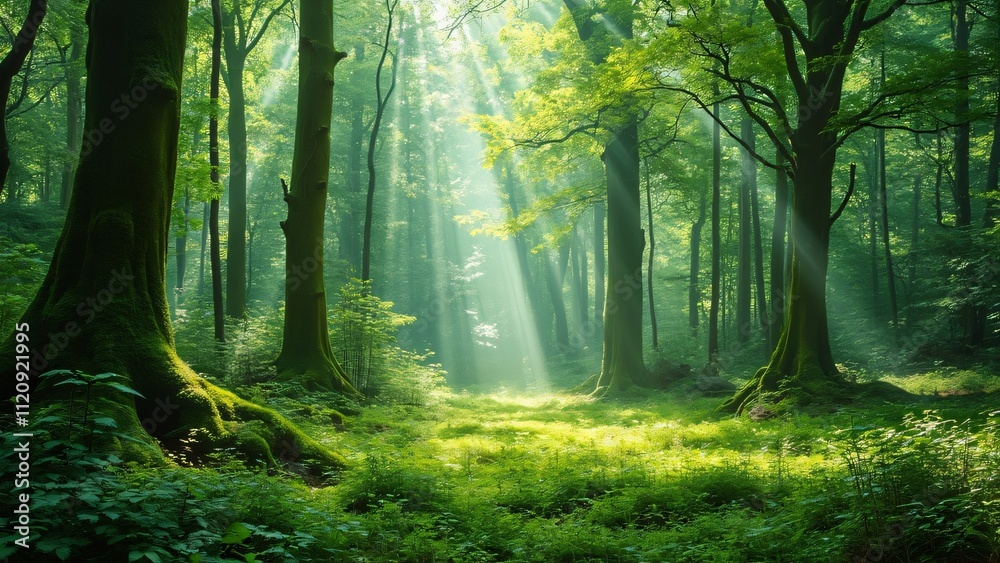 Fototapeta premium Lush Spring Forest, Sunbeams in Mossy Woods Clearing