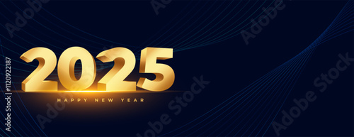 3d style 2025 golden new year invitation banner with light effect