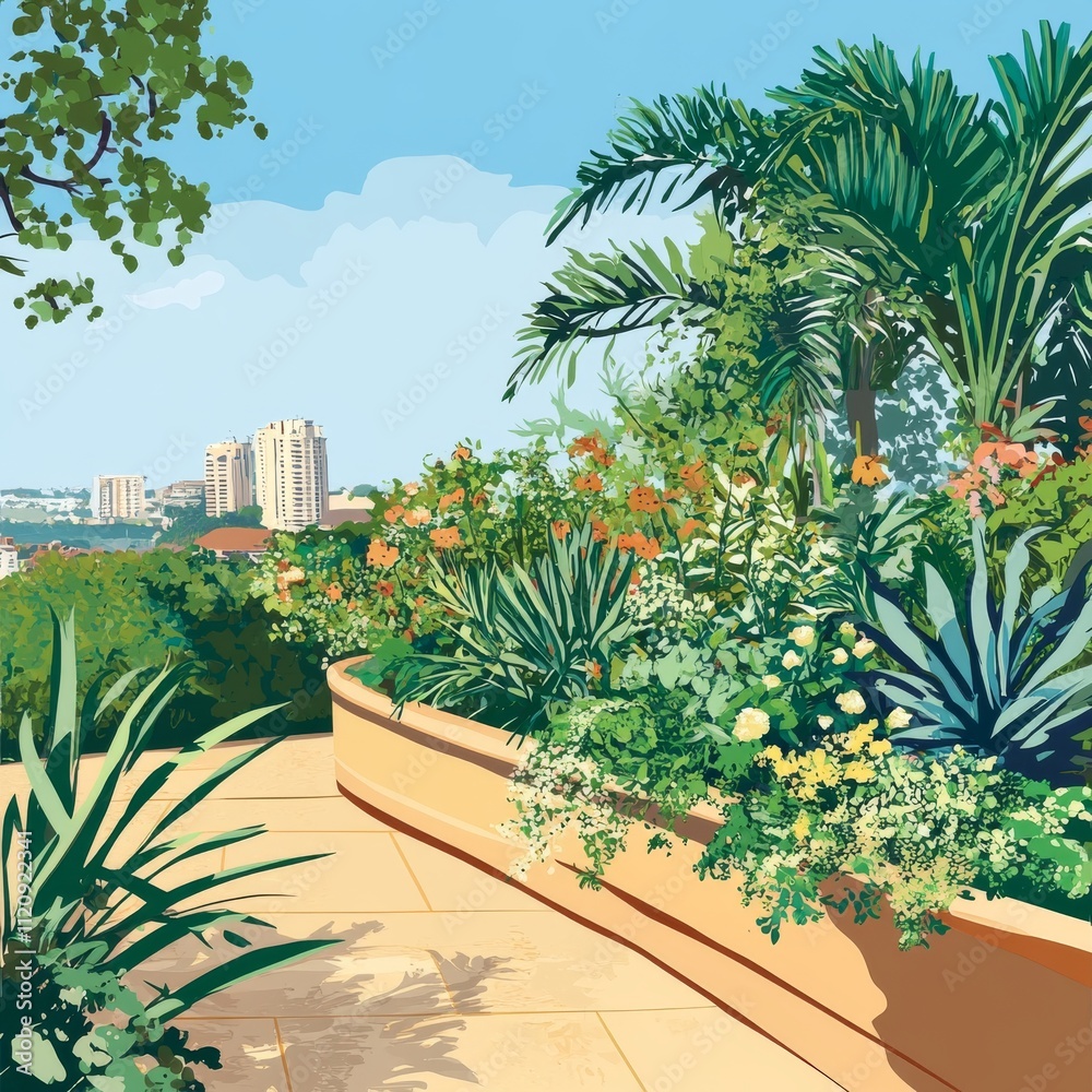 Fototapeta premium Vibrant garden scene with lush tropical plants, flowers, and a scenic city view in the background.