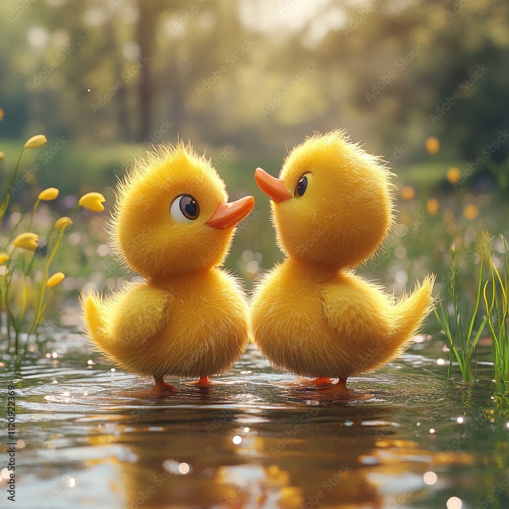 Adorable Yellow Ducklings in a Sunny Spring Meadow Adorable Yellow Ducklings in a Sunny Spring Meadow