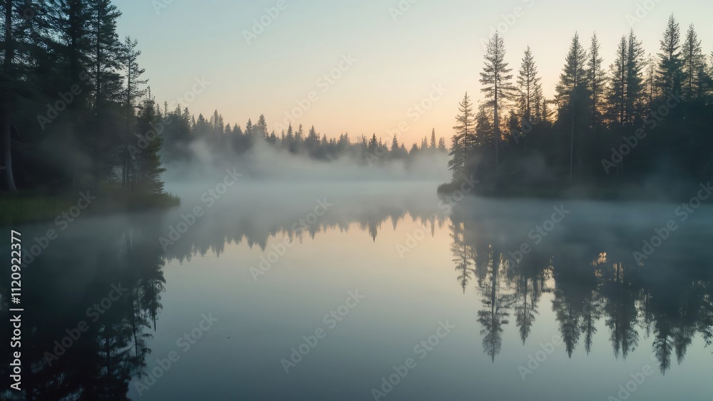 Serene Lapland Forest Lake at Sunrise, Misty Morning Landscape Photography Serene Lapland Forest Lake at Sunrise, Misty Morning Landscape Photography