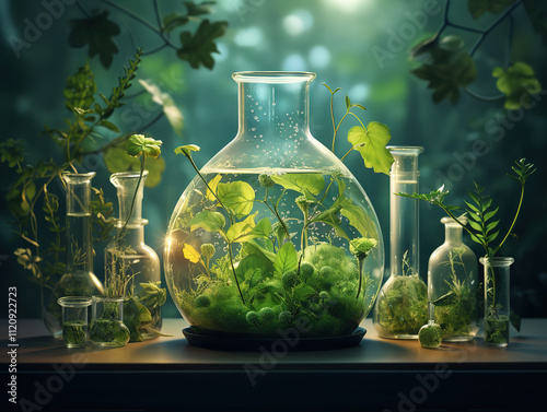 Outstanding Scientific Experiment Herbs flower and green leaver in beaker and test tubes